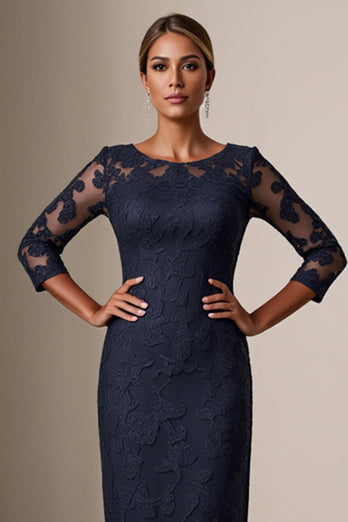 Bodycon 3/4-ärm Midi Marinblå Klänning för Brudens Mor med Spetsapplikationer