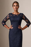 Bodycon 3/4-ärm Midi Marinblå Klänning för Brudens Mor med Spetsapplikationer