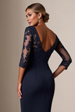 Bodycon 3/4-ärm Midi Marinblå Klänning för Brudens Mor med Spetsapplikationer