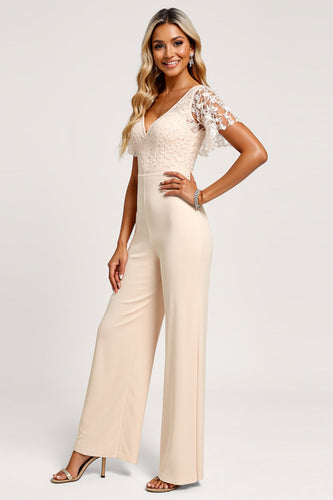 Aprikos V-ringad Chiffong Spets Brudtärna Jumpsuit