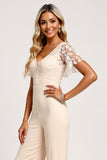 Aprikos V-ringad Chiffong Spets Brudtärna Jumpsuit