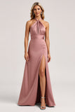 Halter Rosa En linje Satin Brudtärna Klänning
