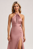 Halter Rosa En linje Satin Brudtärna Klänning
