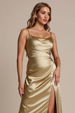Guld Spaghetti Remmar Satin Midi Brudtärna Klänning med Slits
