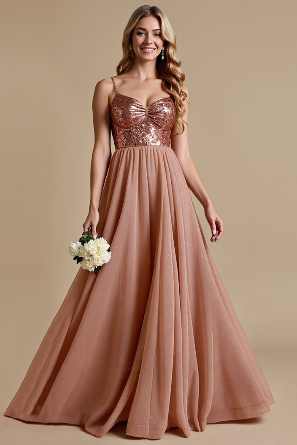 Glittrande Dusty Rose Spaghetti Straps En linje Brudtärna Klänning