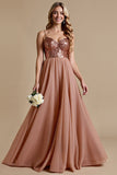 Glittrande Dusty Rose Spaghetti Straps En linje Brudtärna Klänning