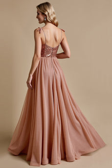 Glittrande Dusty Rose Spaghetti Straps En linje Brudtärna Klänning