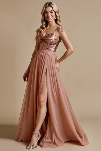 Glittrande Dusty Rose Spaghetti Straps En linje Brudtärna Klänning