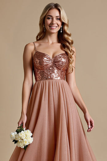 Glittrande Dusty Rose Spaghetti Straps En linje Brudtärna Klänning