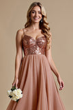 Glittrande Dusty Rose Spaghetti Straps En linje Brudtärna Klänning