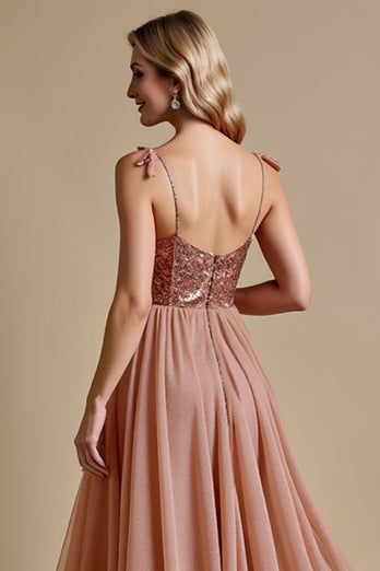 Glittrande Dusty Rose Spaghetti Straps En linje Brudtärna Klänning