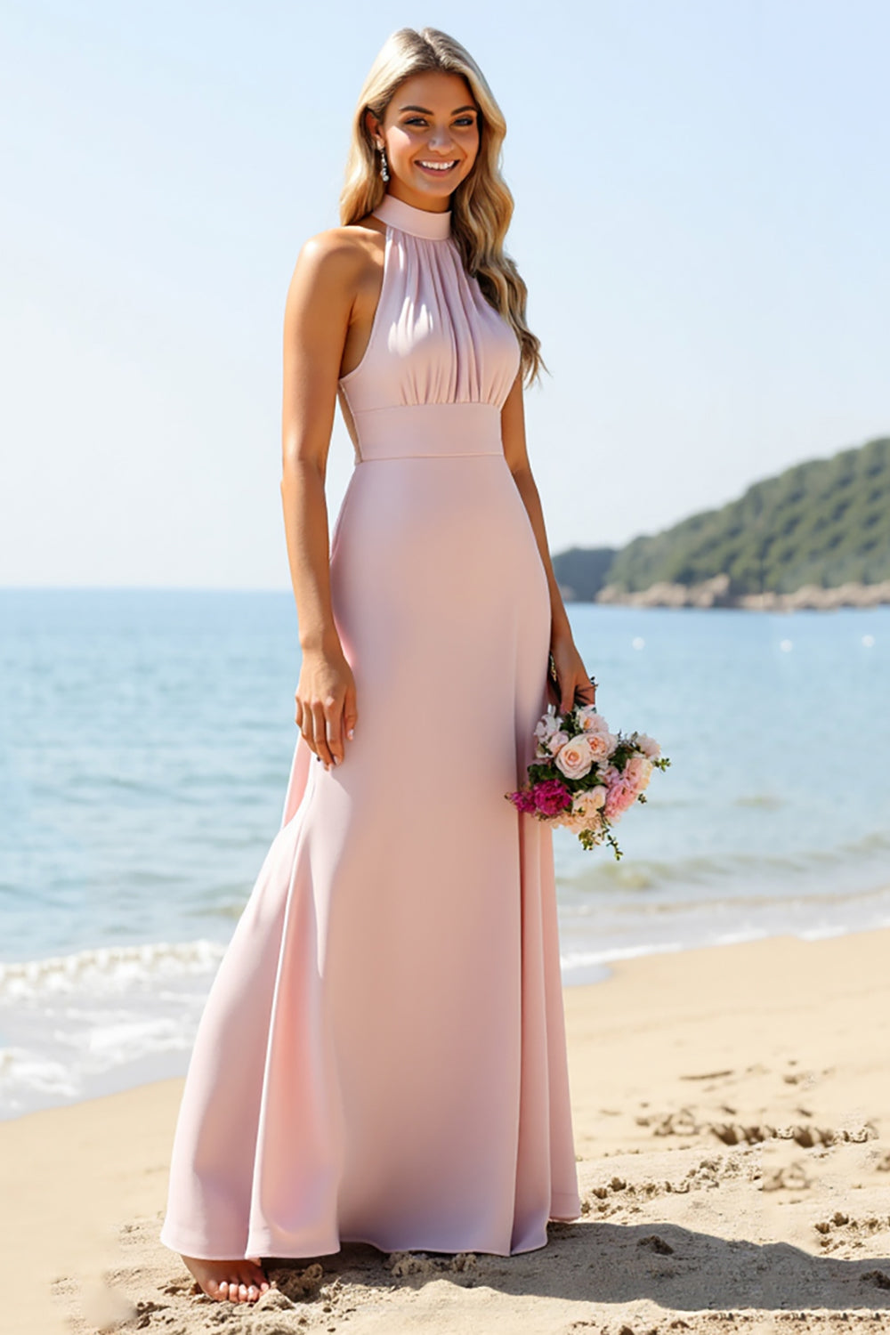 Godis Rosa Halter Lång Brudtärna Klänning