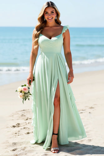 Mint Grön Chiffong Plus Size Spaghetti Straps Lång Brudtärna Klänning