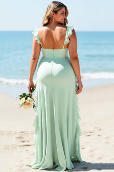 Mint Grön Chiffong Plus Size Spaghetti Straps Lång Brudtärna Klänning