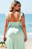 Mint Grön Chiffong Plus Size Spaghetti Straps Lång Brudtärna Klänning