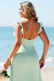 Mint Grön Chiffong Plus Size Spaghetti Straps Lång Brudtärna Klänning