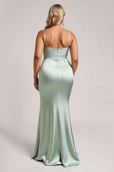 Salvia Grön Plus Size Satin Lång Brudtärna Klänning Med Slits
