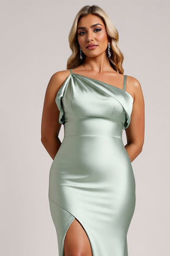 Salvia Grön Plus Size Satin Lång Brudtärna Klänning Med Slits