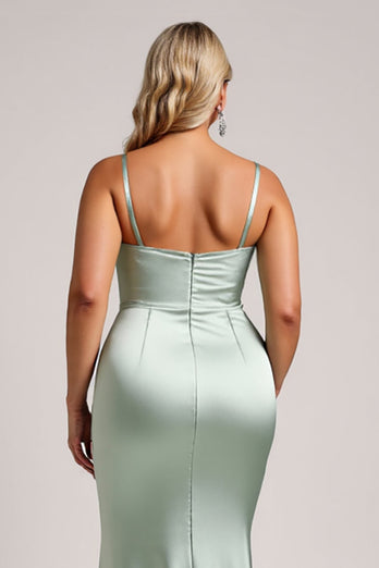 Salvia Grön Plus Size Satin Lång Brudtärna Klänning Med Slits