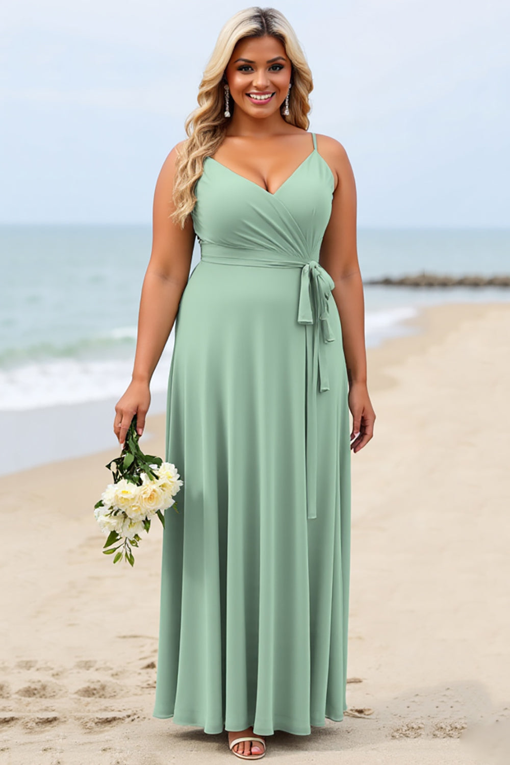 Salvia Grön Plus Size Chiffong Spaghetti Remmar Lång Brudtärna Klänning