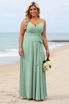 Salvia Grön Plus Size Chiffong Spaghetti Remmar Lång Brudtärna Klänning