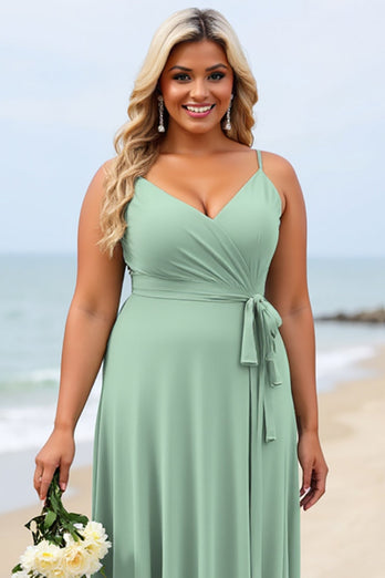 Salvia Grön Plus Size Chiffong Spaghetti Remmar Lång Brudtärna Klänning