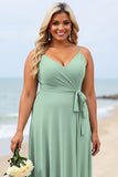Salvia Grön Plus Size Chiffong Spaghetti Remmar Lång Brudtärna Klänning