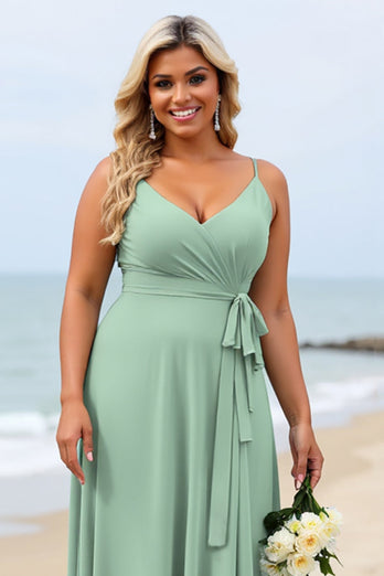 Salvia Grön Plus Size Chiffong Spaghetti Remmar Lång Brudtärna Klänning