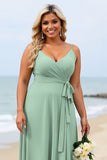 Salvia Grön Plus Size Chiffong Spaghetti Remmar Lång Brudtärna Klänning