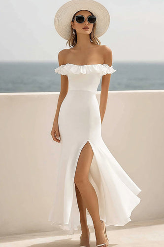 Off The Shoulder Vit Chiffong Ruffled Holiday Klänning