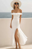 Off The Shoulder Vit Chiffong Ruffled Holiday Klänning
