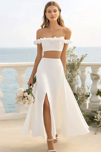 Off The Shoulder Vit 2 Piece Ruffled Bröllopsklänning med slits