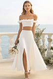 Off The Shoulder Vit 2 Piece Ruffled Bröllopsklänning med slits