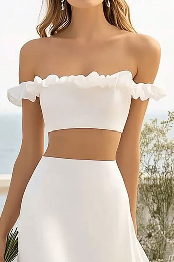 Off The Shoulder Vit 2 Piece Ruffled Bröllopsklänning med slits
