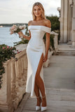 Bodycon Vit Off The Shoulder Satin Bröllopsklänning