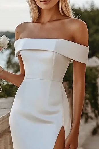 Bodycon Vit Off The Shoulder Satin Bröllopsklänning
