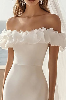 Off The Shoulder Bodycon Vit Satin Bröllopsklänning