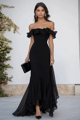 Svart Off The Shoulder Lång Formell Klänning