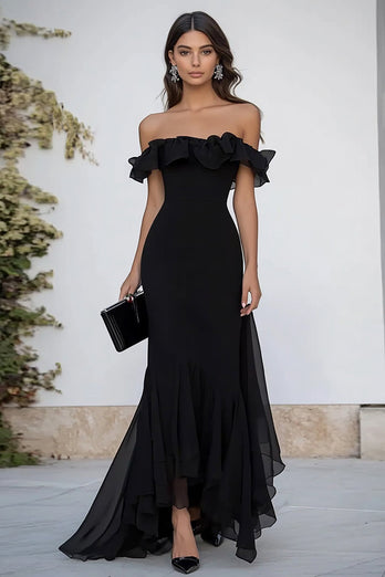 Svart Off The Shoulder Lång Formell Klänning