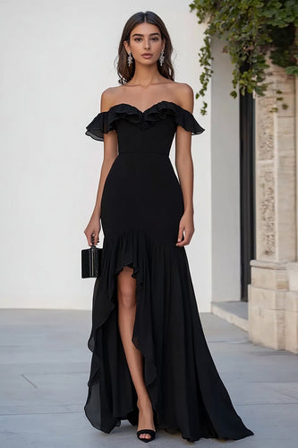 Svart Chiffong Off The Shoulder Formell Klänning Med Slits