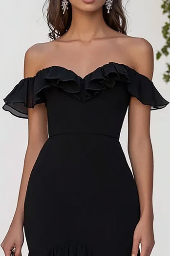 Svart Chiffong Off The Shoulder Formell Klänning Med Slits