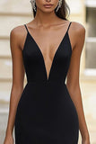 Svart Spaghetti Straps Formell Klänning Med Slits