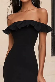 Svart Off The Shoulder Volang Formell Klänning Med Slits