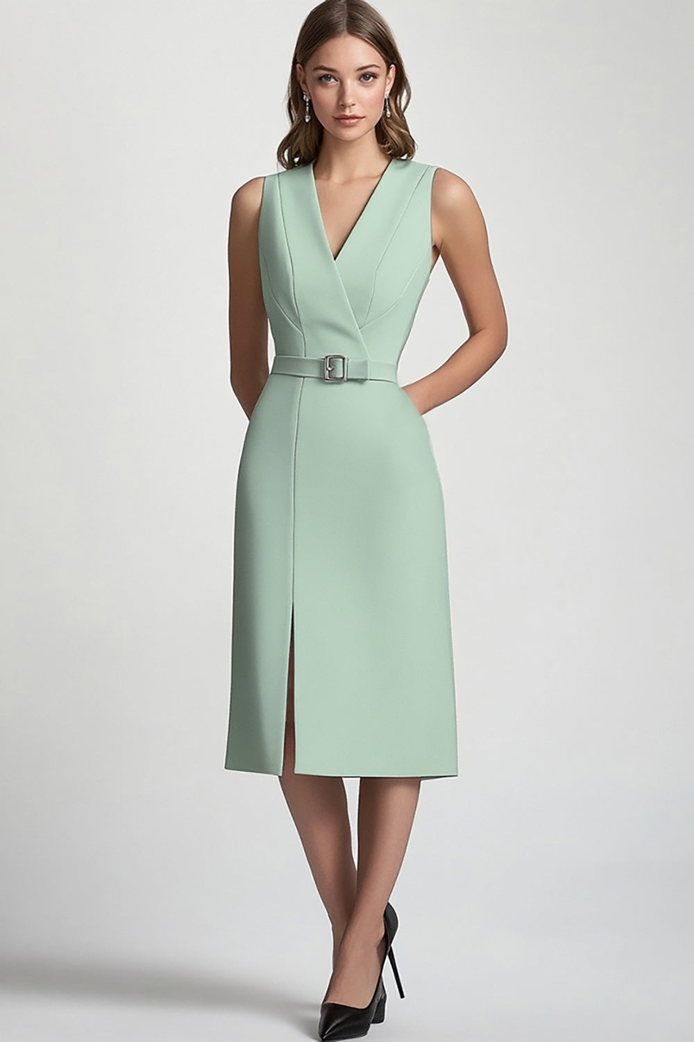 Bodycon V-ringning Mint Grön Arbetsklänning Med Bälte