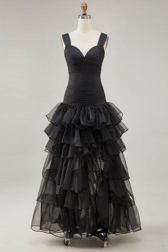 Svart Organza A-linje High-Low Formell Klänning med Volang Slits