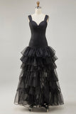 Svart Organza A-linje High-Low Formell Klänning med Volang Slits
