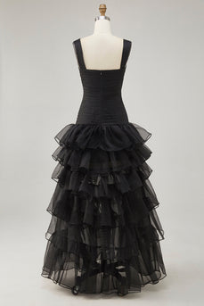 Svart Organza A-linje High-Low Formell Klänning med Volang Slits