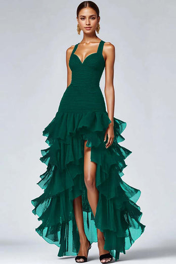 Svart Organza A-linje High-Low Formell Klänning med Volang Slits