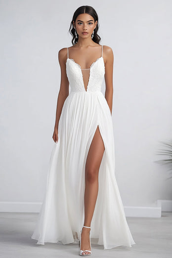 Vit A Line Spaghetti Straps Chiffong Bröllopsklänning Med Slits
