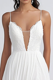 Vit A Line Spaghetti Straps Chiffong Bröllopsklänning Med Slits